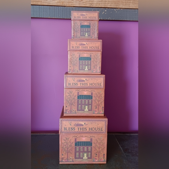 Set of (4) Bob's Boxes Primitive Storage Boxes Bless This House - Picture 1 of 9